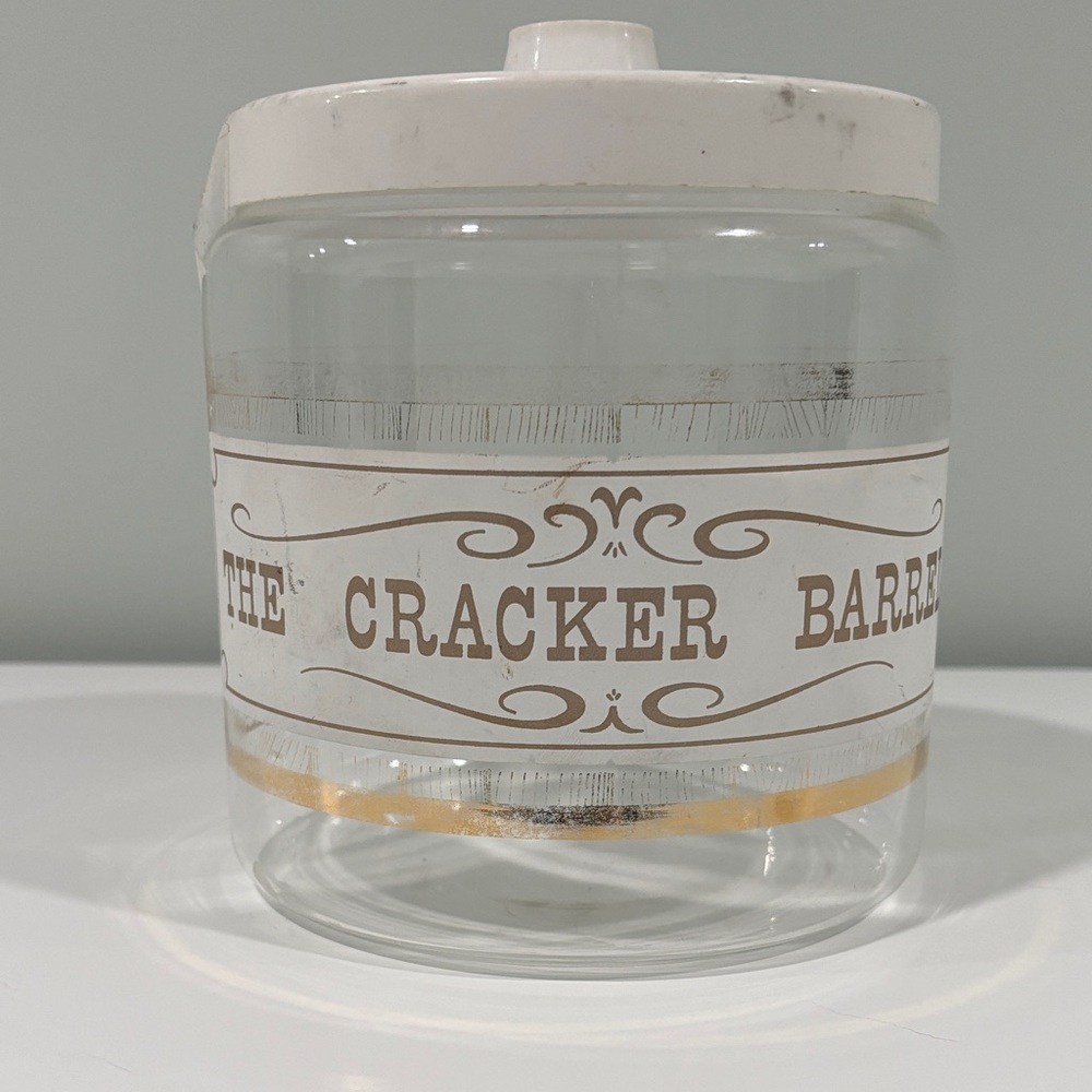 Pyrex Cracker Barrel Glass Jar with White Lid and Brown Accents